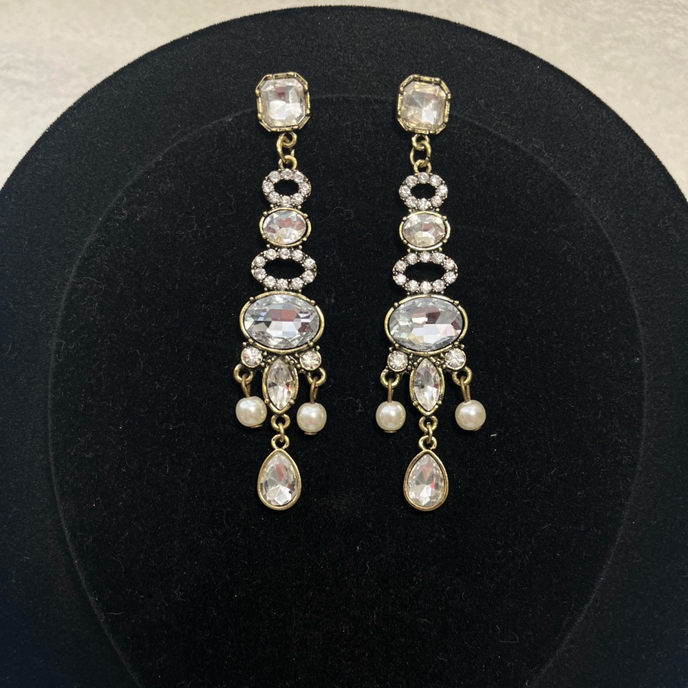 NEW - Elegant Antique Gold CZ and Faux Pearl Dangle Earrings. Price is Firm.